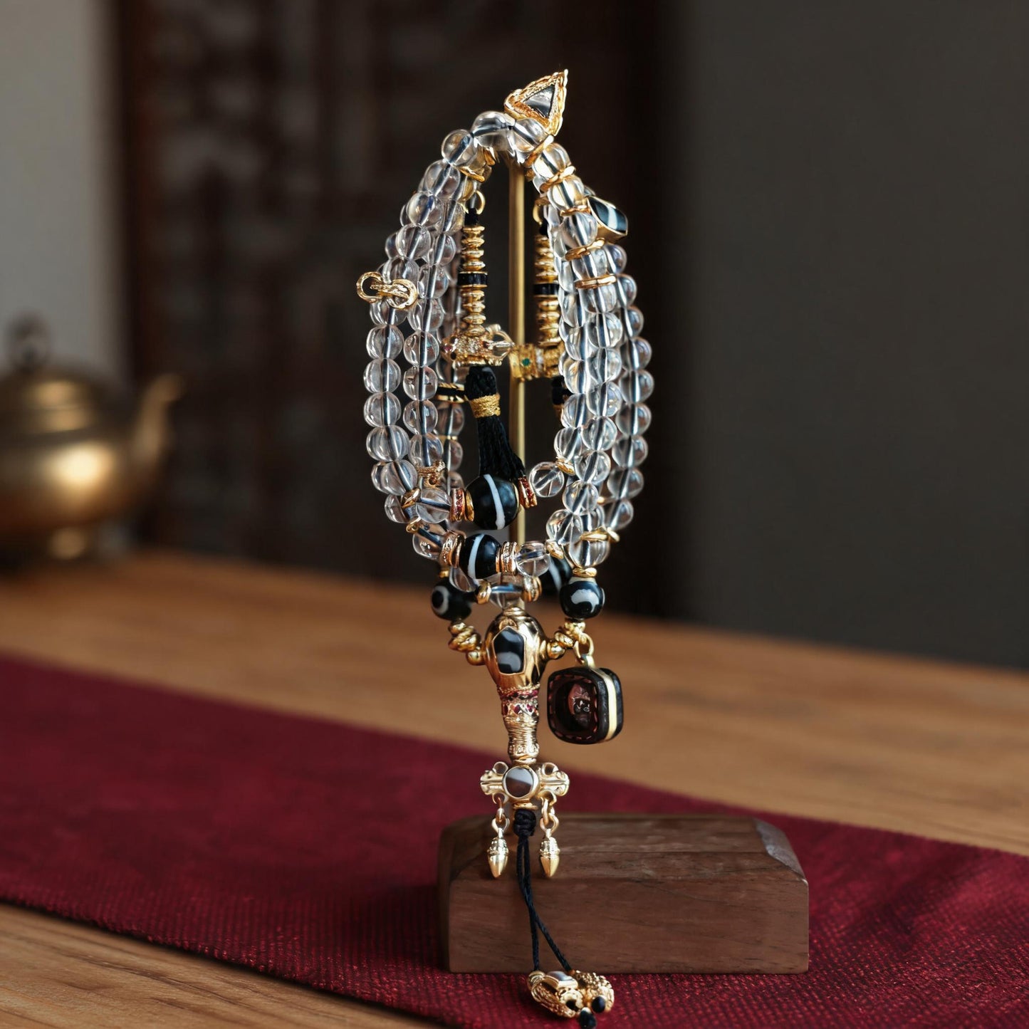 Handcrafted Agarwood & Clear Quartz Multi-Wrap Mala - Clear Quartz Vajra Style - front hero view