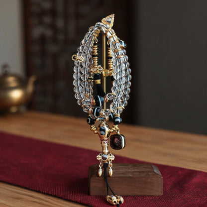 Handcrafted Agarwood & Clear Quartz Multi-Wrap Mala - Clear Quartz Vajra Style - front hero view