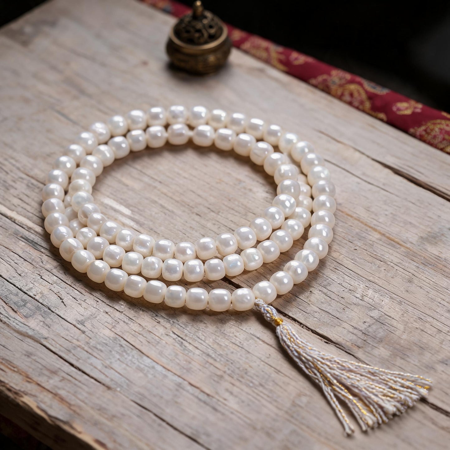 Handcrafted Mother-of-Pearl 108 & 27-Bead Mala Collection - Light of the Snowlands · 8×7 mm · 108 Beads · White-Gold Tassel - front hero view