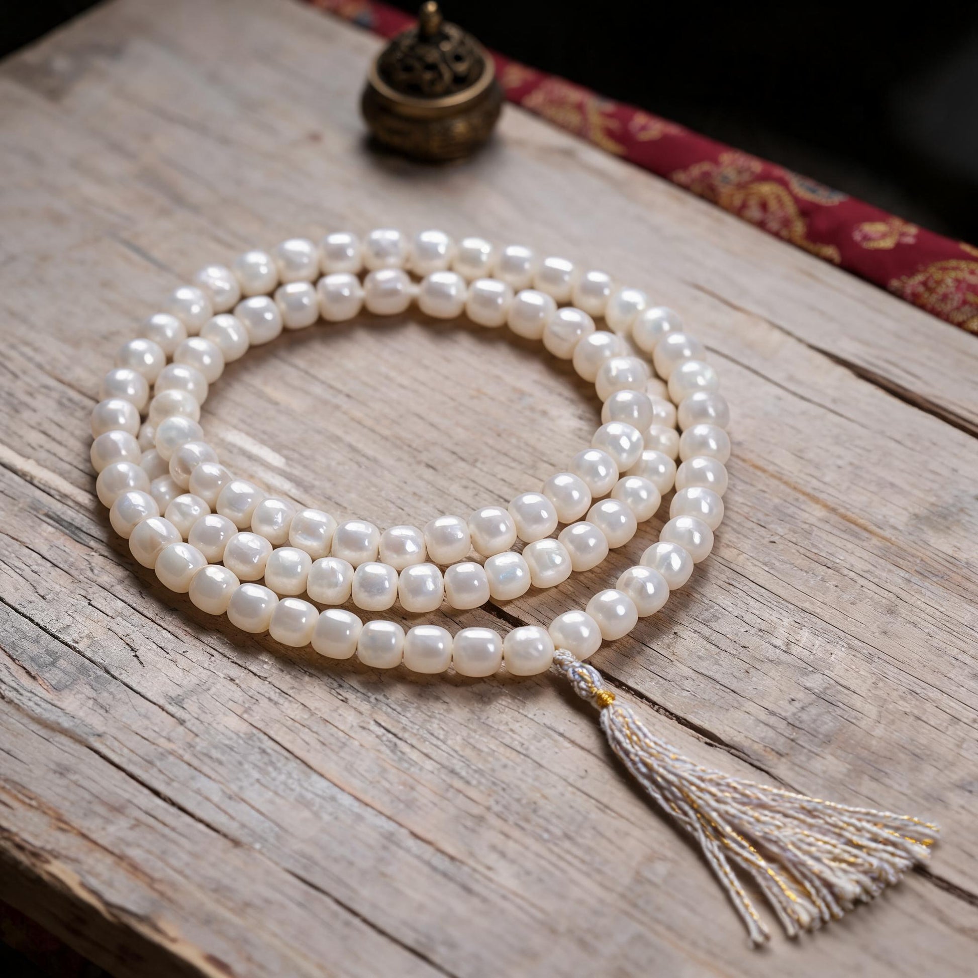 Handcrafted Mother-of-Pearl 108 & 27-Bead Mala Collection - Light of the Snowlands · 8×7 mm · 108 Beads · White-Gold Tassel - front hero view