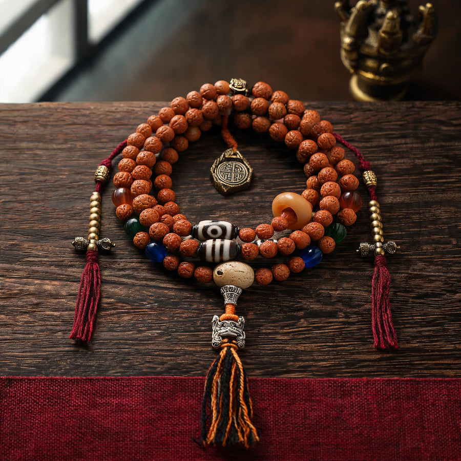 Handcrafted Rudraksha 108-Bead Mala Collection - Scripture Clasp · With Counters - front hero view