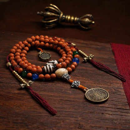 Handcrafted Rudraksha 108-Bead Mala Collection - Nine-Palace Pendant · With Counters - front hero view