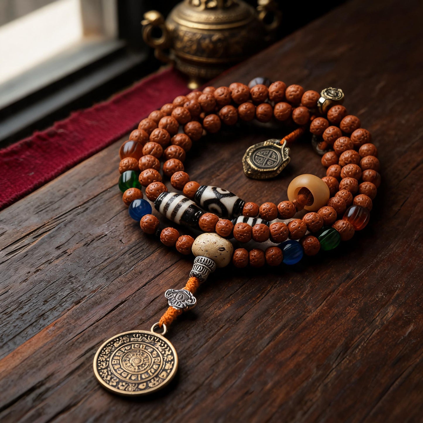 Handcrafted Rudraksha 108-Bead Mala Collection - Nine-Palace Pendant · Without Counters - front hero view