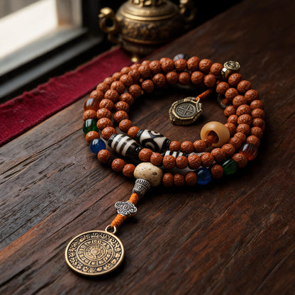 Handcrafted Rudraksha 108-Bead Mala Collection - Nine-Palace Pendant · Without Counters - front hero view