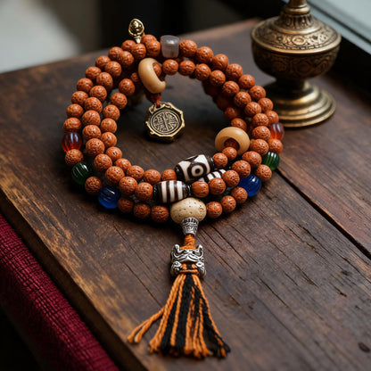Handcrafted Rudraksha 108-Bead Mala Collection - Scripture Clasp · Without Counters - front hero view