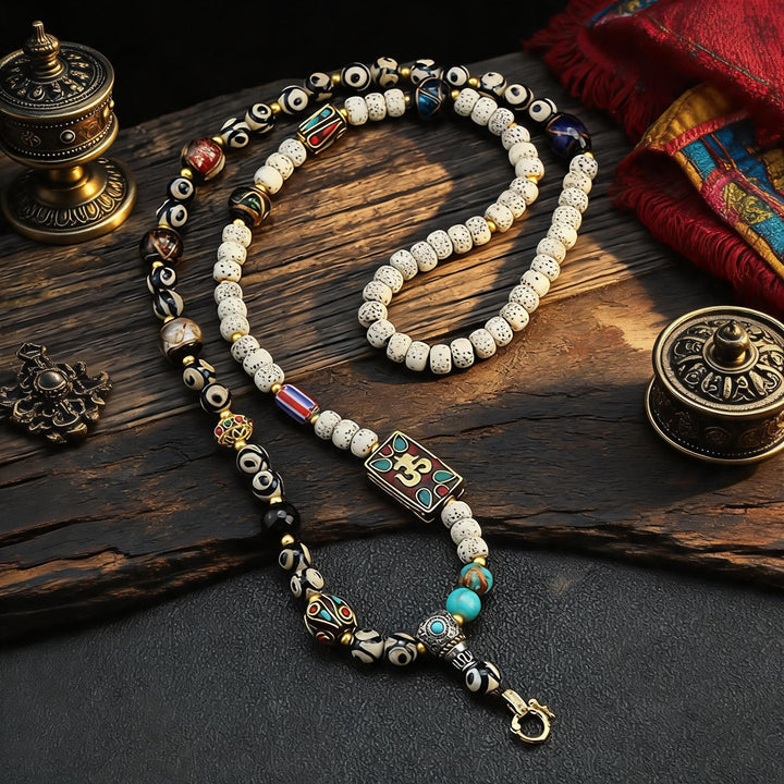 Om Mani Padme Hum Amulet Pendant Dzi Bead & Bodhi Seed Necklace