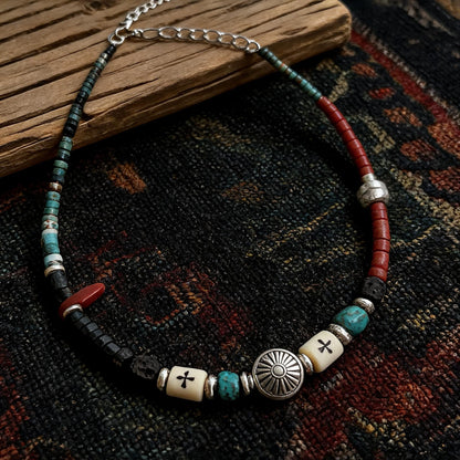 Navajo inspired natural stone and bone beaded necklace main flat lay