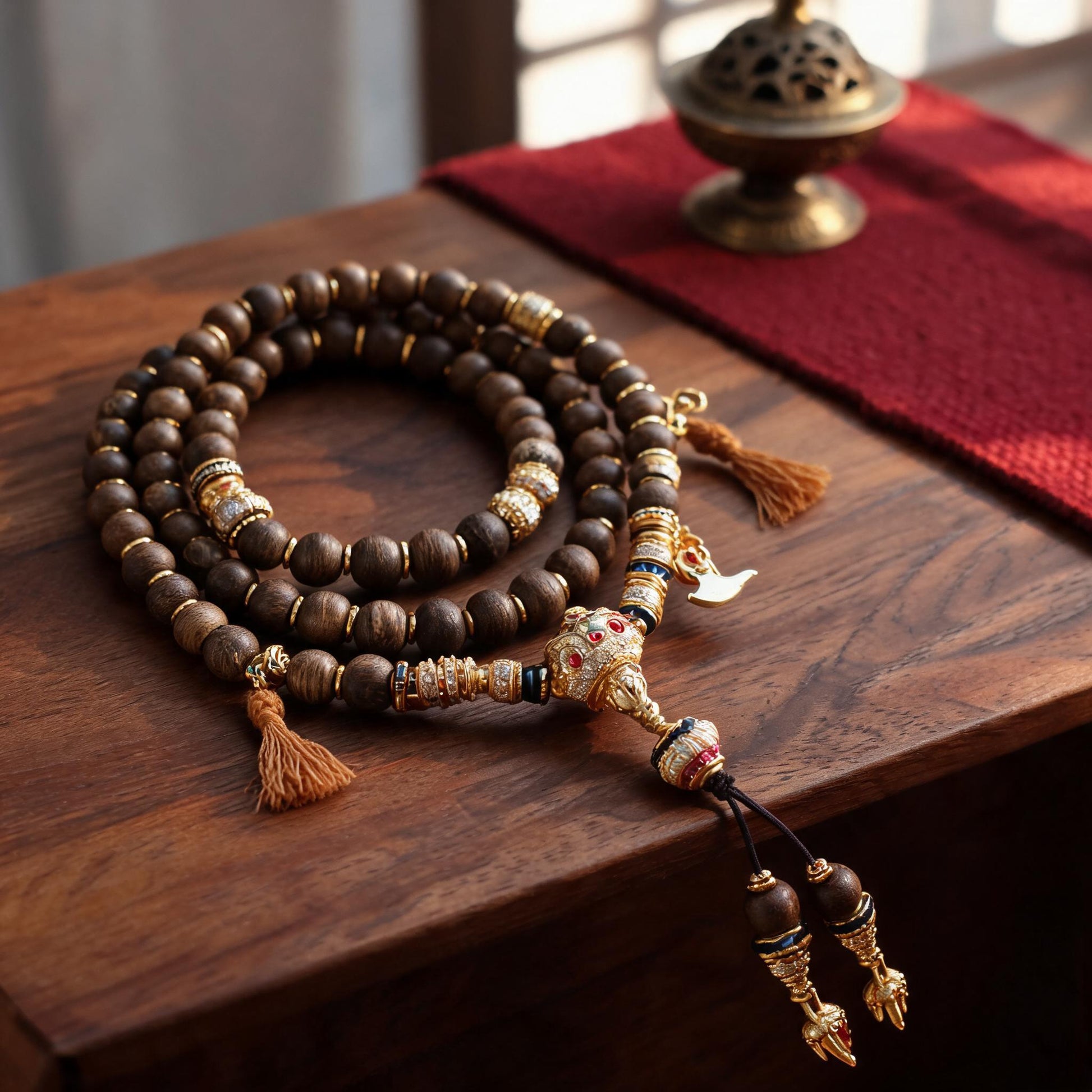 Handcrafted Agarwood & Clear Quartz Multi-Wrap Mala - Agarwood Vajra Style - three-quarter view