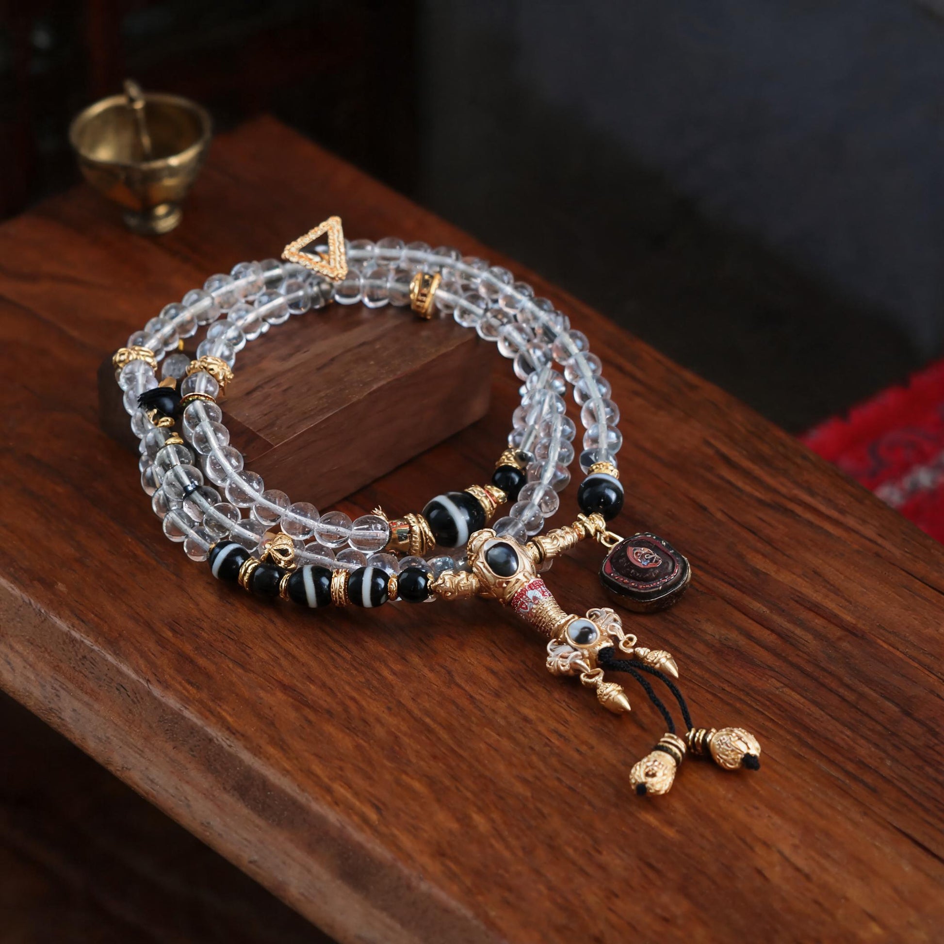 Handcrafted Agarwood & Clear Quartz Multi-Wrap Mala - Clear Quartz Vajra Style - three-quarter view