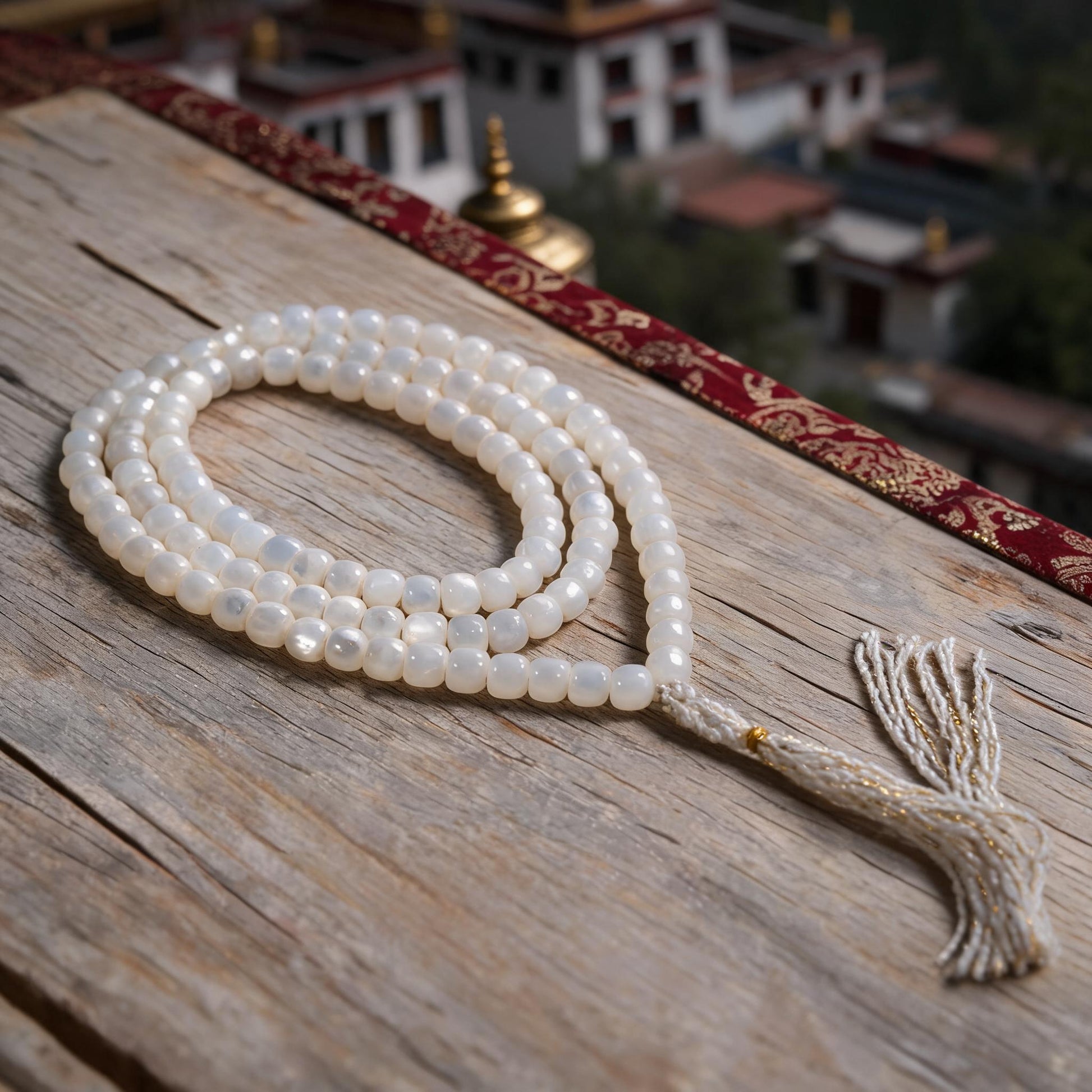 Handcrafted Mother-of-Pearl 108 & 27-Bead Mala Collection - Tibetan Spirit · 7×6 mm · 108 Beads · White-Gold Tassel - three-quarter view