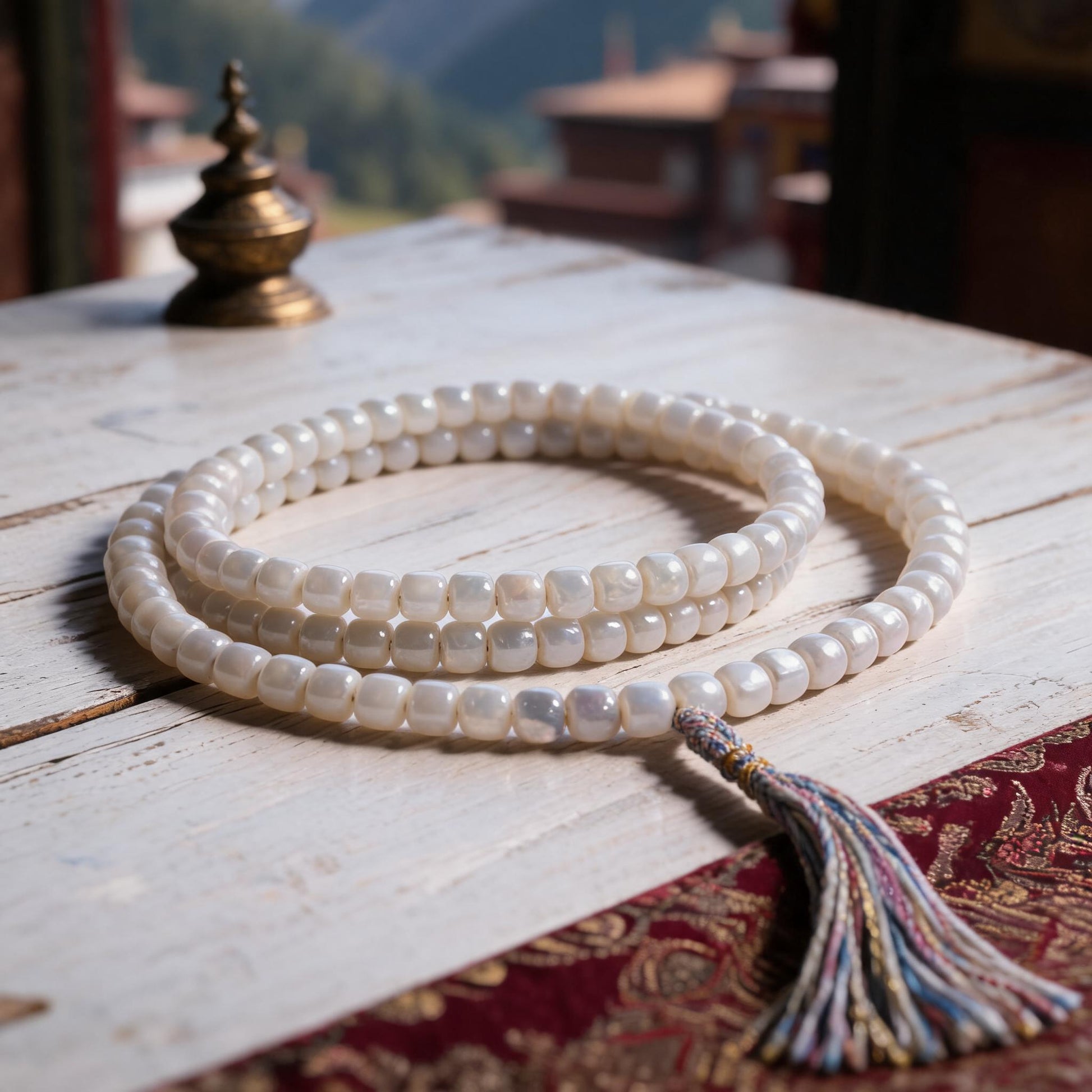 Handcrafted Mother-of-Pearl 108 & 27-Bead Mala Collection - Light of the Snowlands · 8×7 mm · 108 Beads · Multicolor-Gold Tassel - three-quarter view