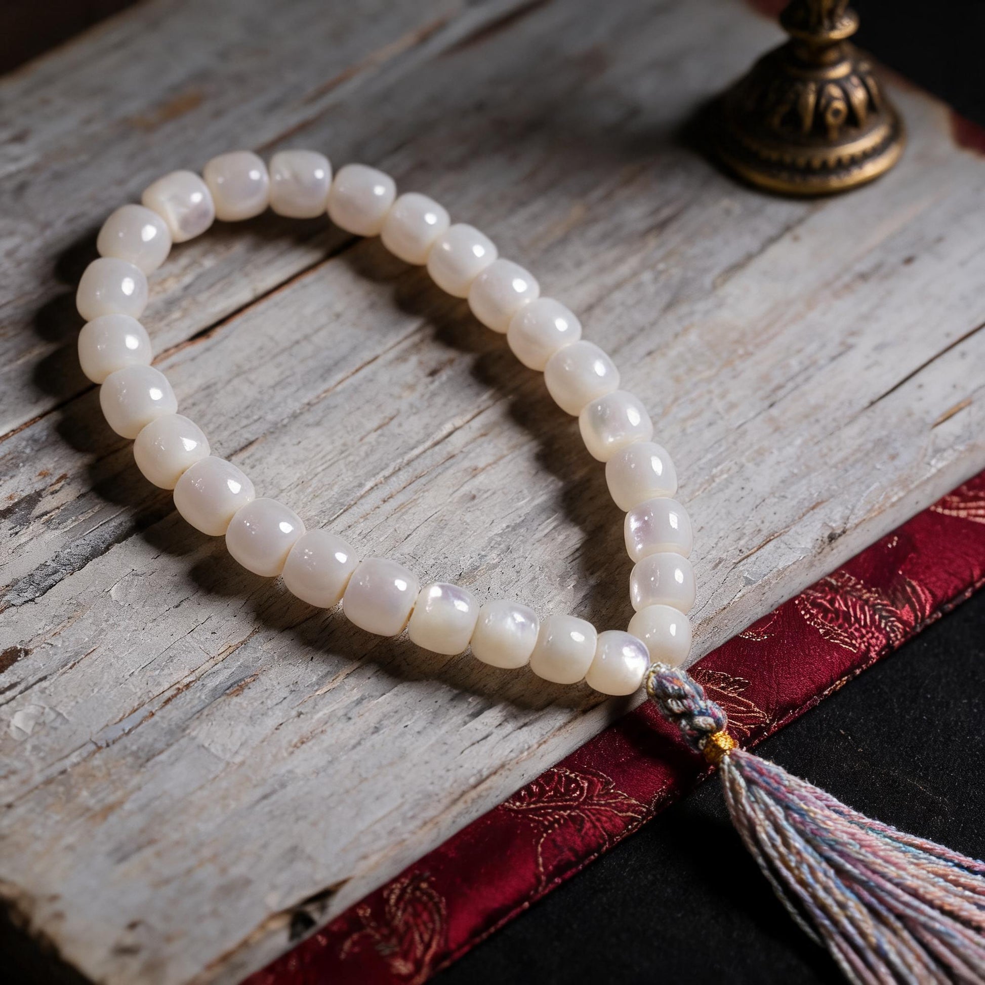 Handcrafted Mother-of-Pearl 108 & 27-Bead Mala Collection - Travel Hand Mala · 8×7 mm · 27 Beads · Multicolor-Gold Tassel - three-quarter view