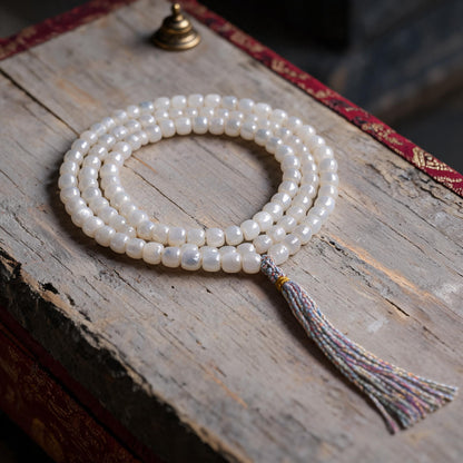 Handcrafted Mother-of-Pearl 108 & 27-Bead Mala Collection - Tibetan Spirit · 7×6 mm · 108 Beads · Multicolor-Gold Tassel - three-quarter view