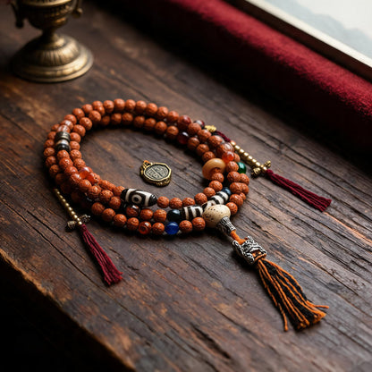 Handcrafted Rudraksha 108-Bead Mala Collection - Scripture Clasp · With Counters - three-quarter view