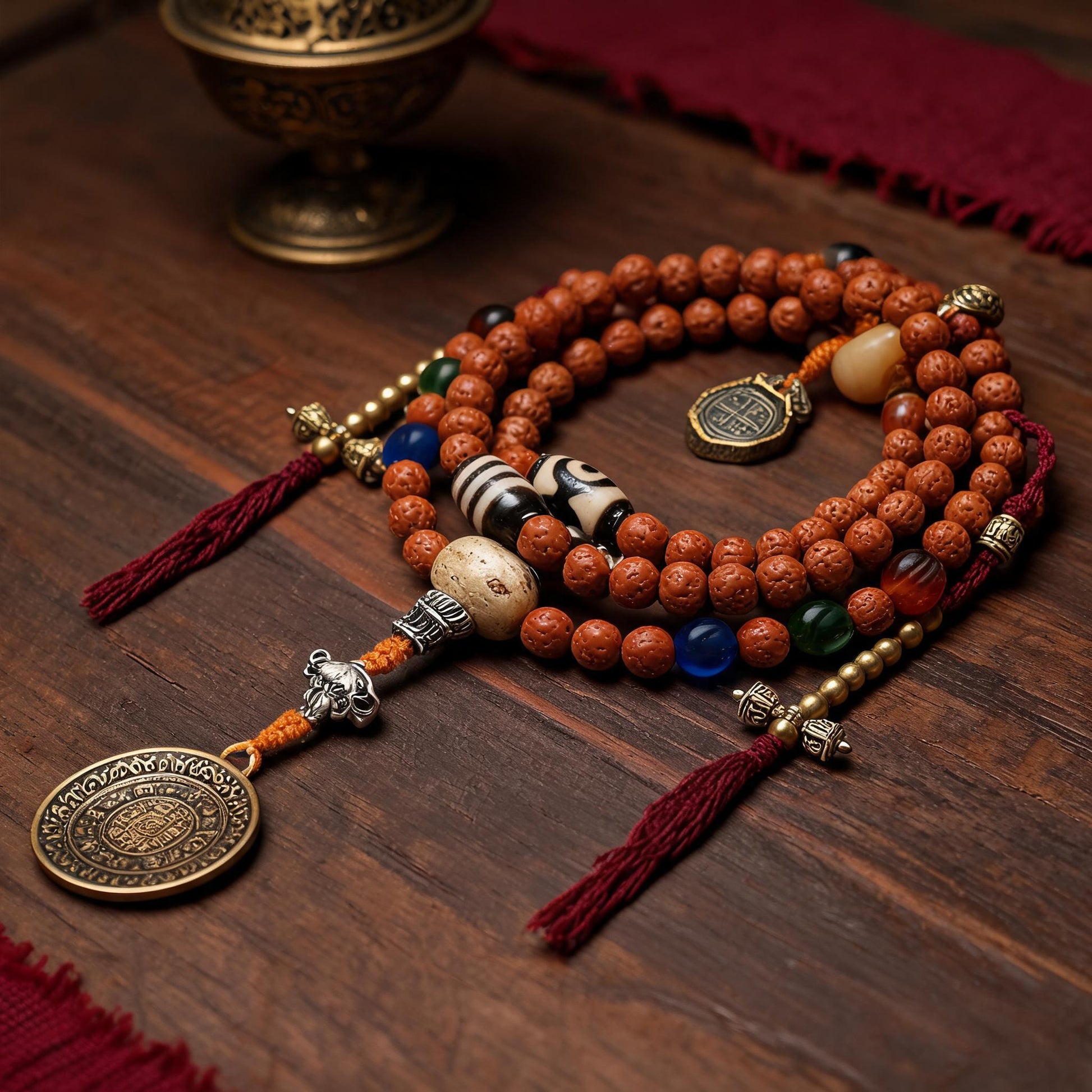 Handcrafted Rudraksha 108-Bead Mala Collection - Nine-Palace Pendant · With Counters - three-quarter view