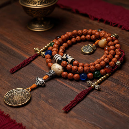 Handcrafted Rudraksha 108-Bead Mala Collection - Nine-Palace Pendant · With Counters - three-quarter view