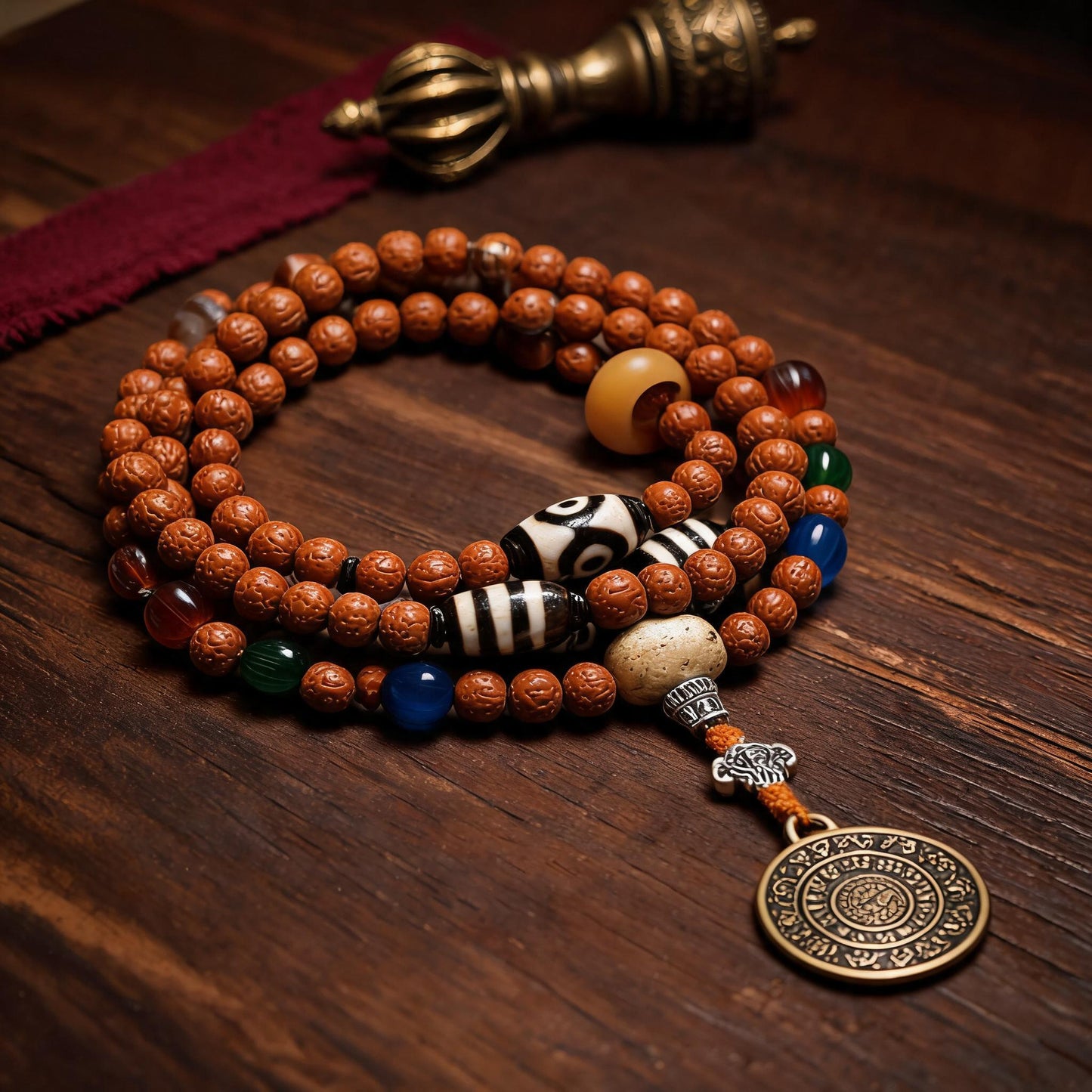 Handcrafted Rudraksha 108-Bead Mala Collection - Nine-Palace Pendant · Without Counters - three-quarter view