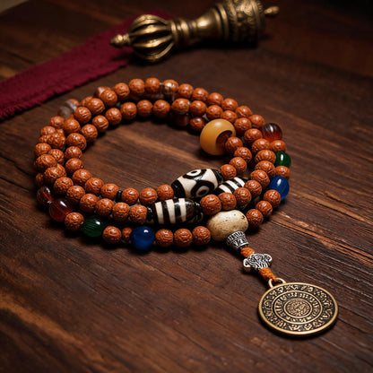 Handcrafted Rudraksha 108-Bead Mala Collection - Nine-Palace Pendant · Without Counters - three-quarter view