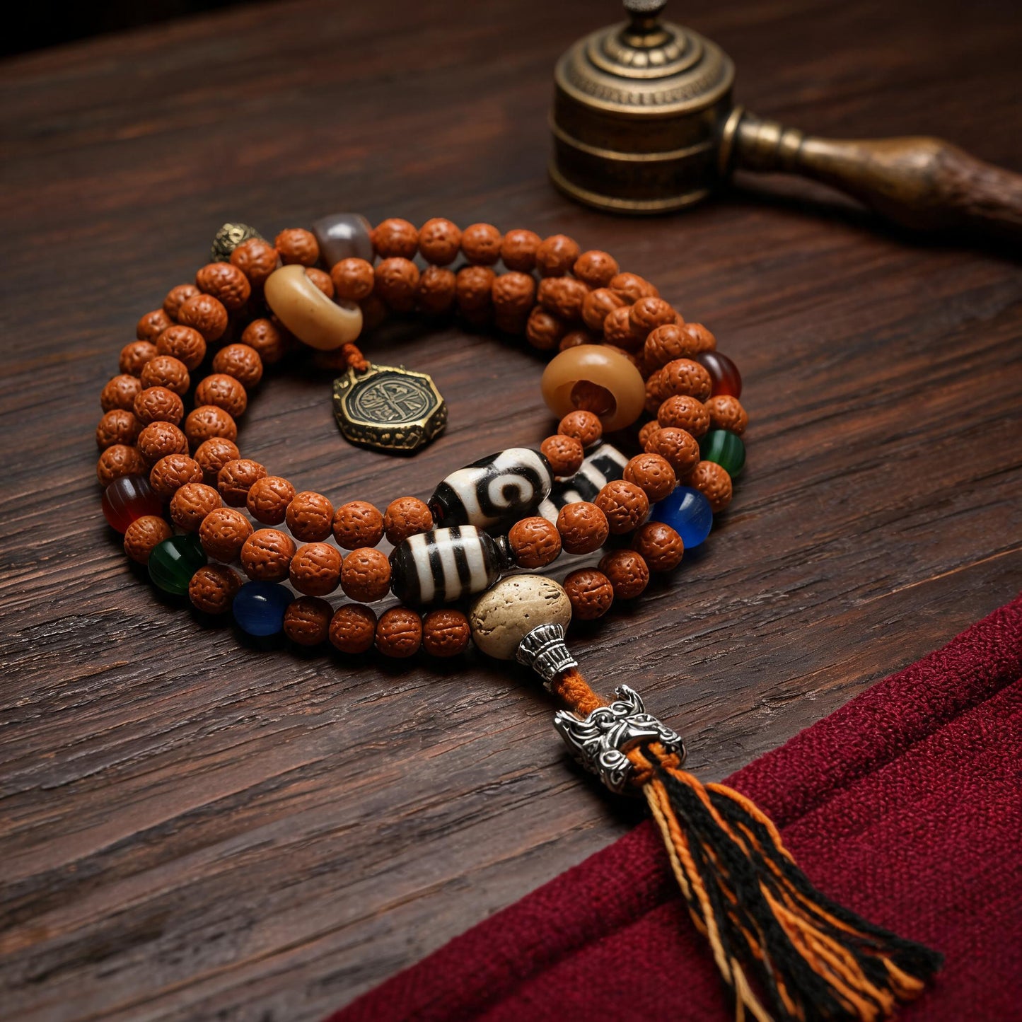 Handcrafted Rudraksha 108-Bead Mala Collection - Scripture Clasp · Without Counters - three-quarter view