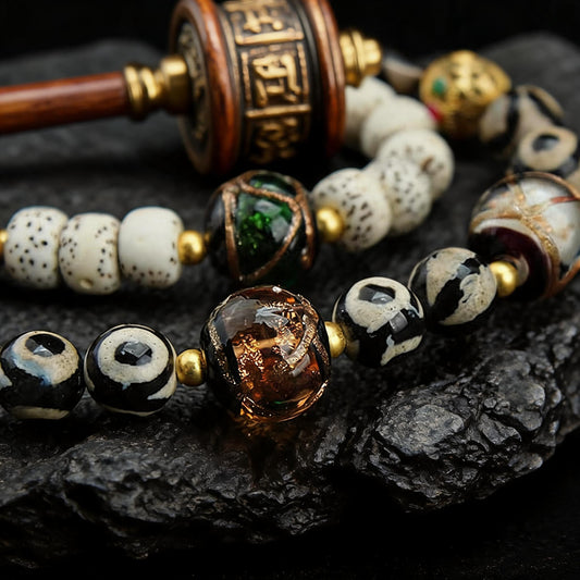 Om Mani Padme Hum dzi bead liuli accent detail view