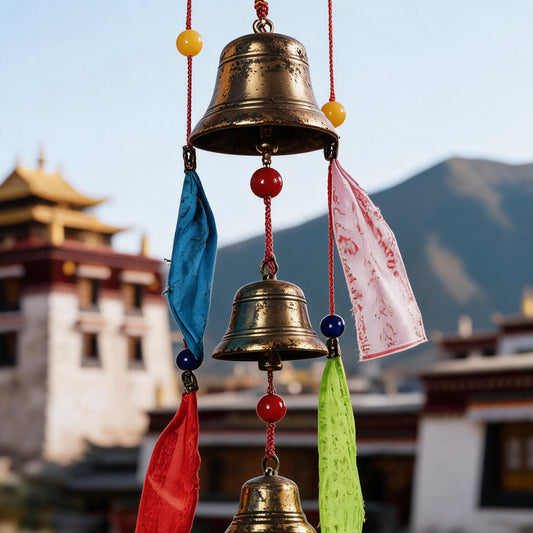 Tibetan wind chime brass bells and bead detail