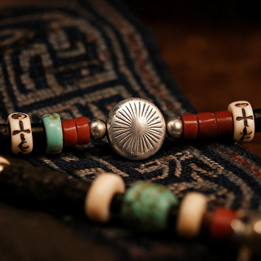 Navajo stone necklace center silver medallion and bead detail