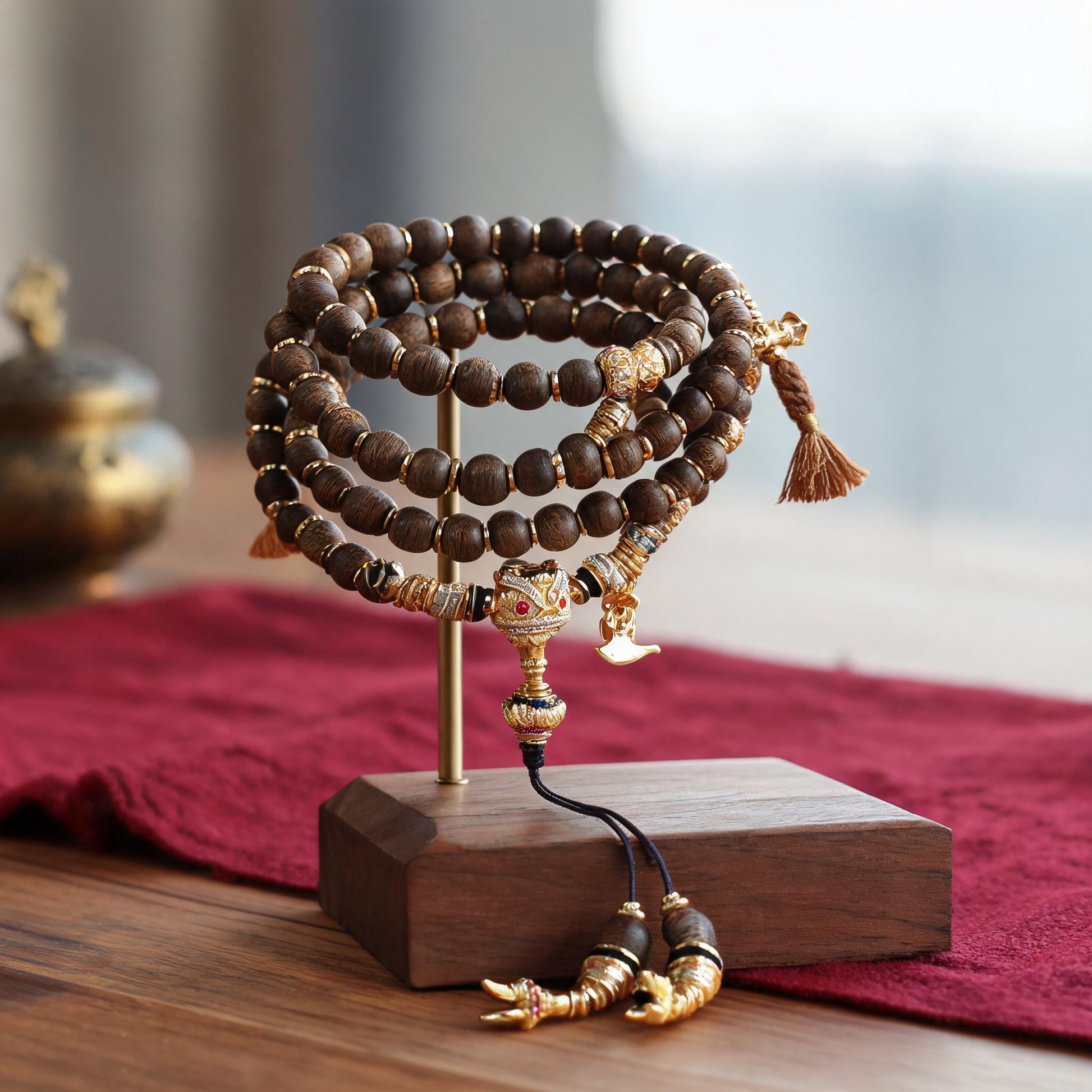 Handcrafted Agarwood & Clear Quartz Multi-Wrap Mala - Agarwood Vajra Style - low side view