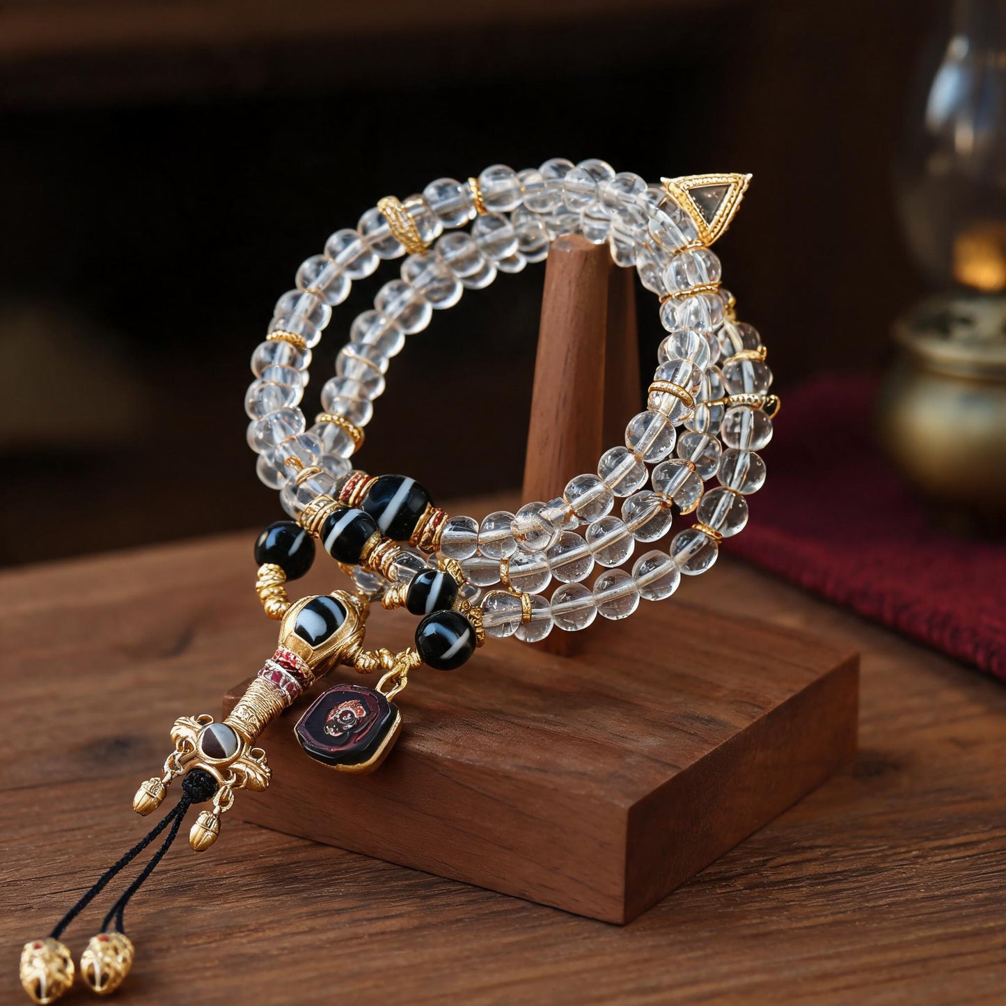 Handcrafted Agarwood & Clear Quartz Multi-Wrap Mala - Clear Quartz Vajra Style - low side view