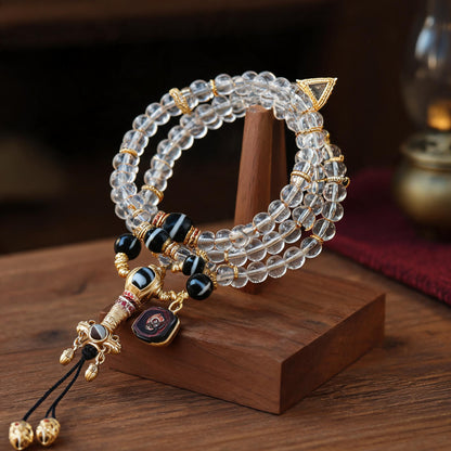 Handcrafted Agarwood & Clear Quartz Multi-Wrap Mala - Clear Quartz Vajra Style - low side view