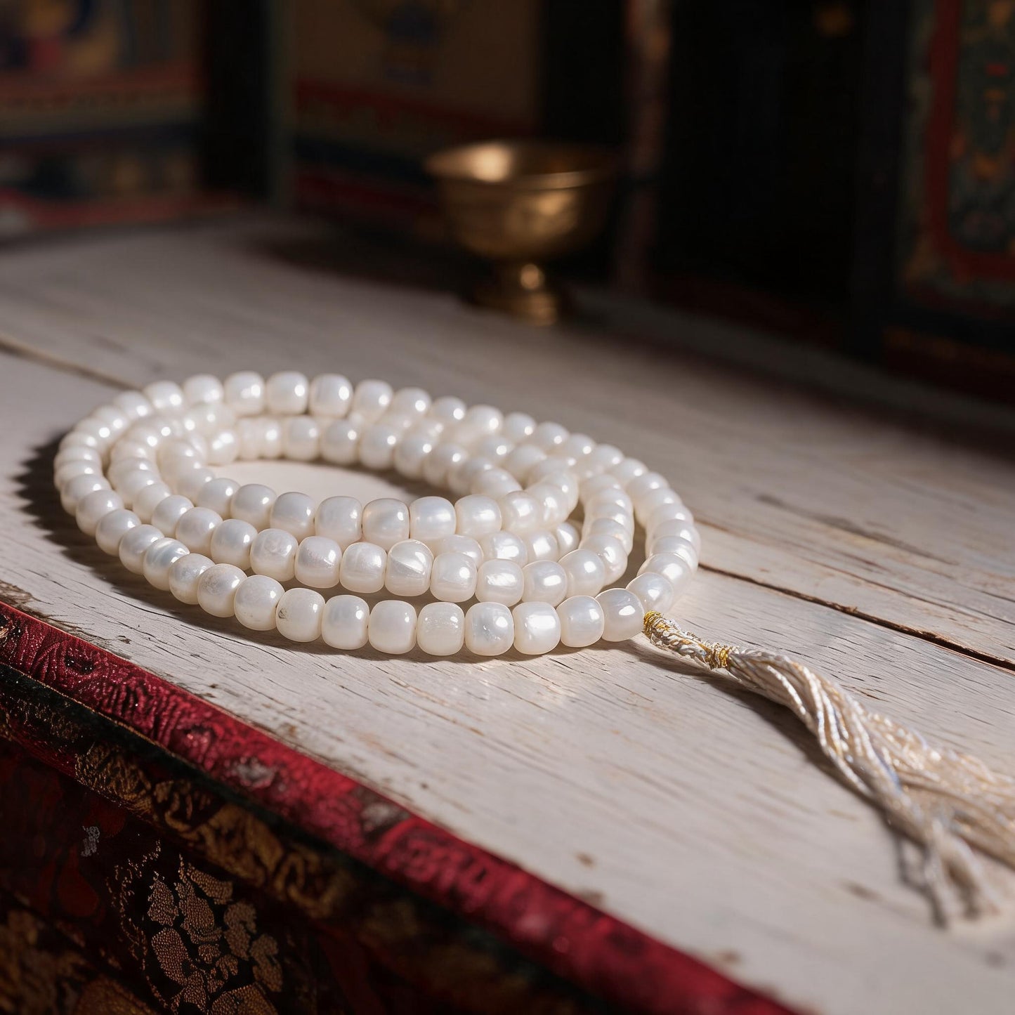 Handcrafted Mother-of-Pearl 108 & 27-Bead Mala Collection - Light of the Snowlands · 8×7 mm · 108 Beads · White-Gold Tassel - low side view
