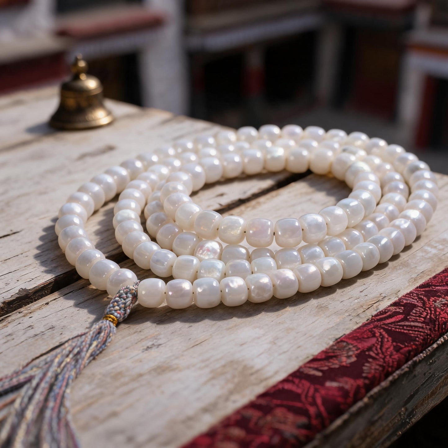 Handcrafted Mother-of-Pearl 108 & 27-Bead Mala Collection - Light of the Snowlands · 8×7 mm · 108 Beads · Multicolor-Gold Tassel - low side view