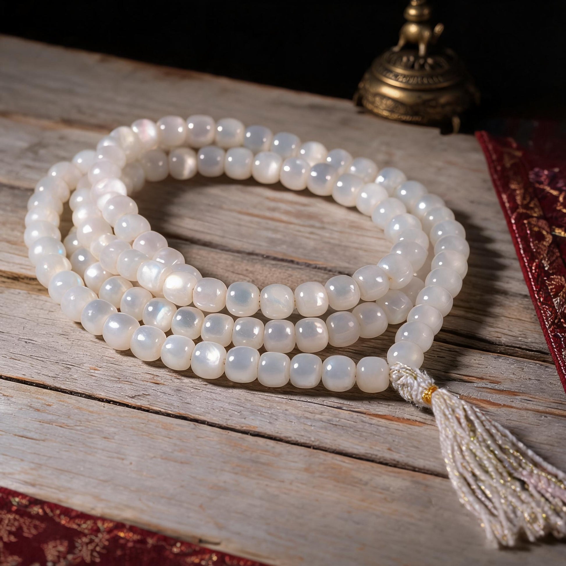 Handcrafted Mother-of-Pearl 108 & 27-Bead Mala Collection - Tibetan Spirit · 7×6 mm · 108 Beads · White-Gold Tassel - low side view