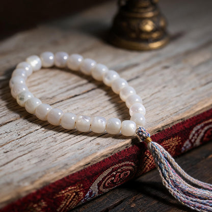 Handcrafted Mother-of-Pearl 108 & 27-Bead Mala Collection - Travel Hand Mala · 8×7 mm · 27 Beads · Multicolor-Gold Tassel - low side view