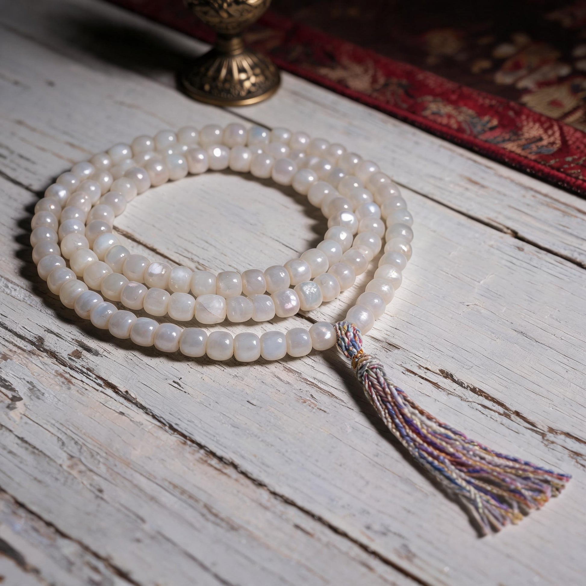 Handcrafted Mother-of-Pearl 108 & 27-Bead Mala Collection - Tibetan Spirit · 7×6 mm · 108 Beads · Multicolor-Gold Tassel - low side view