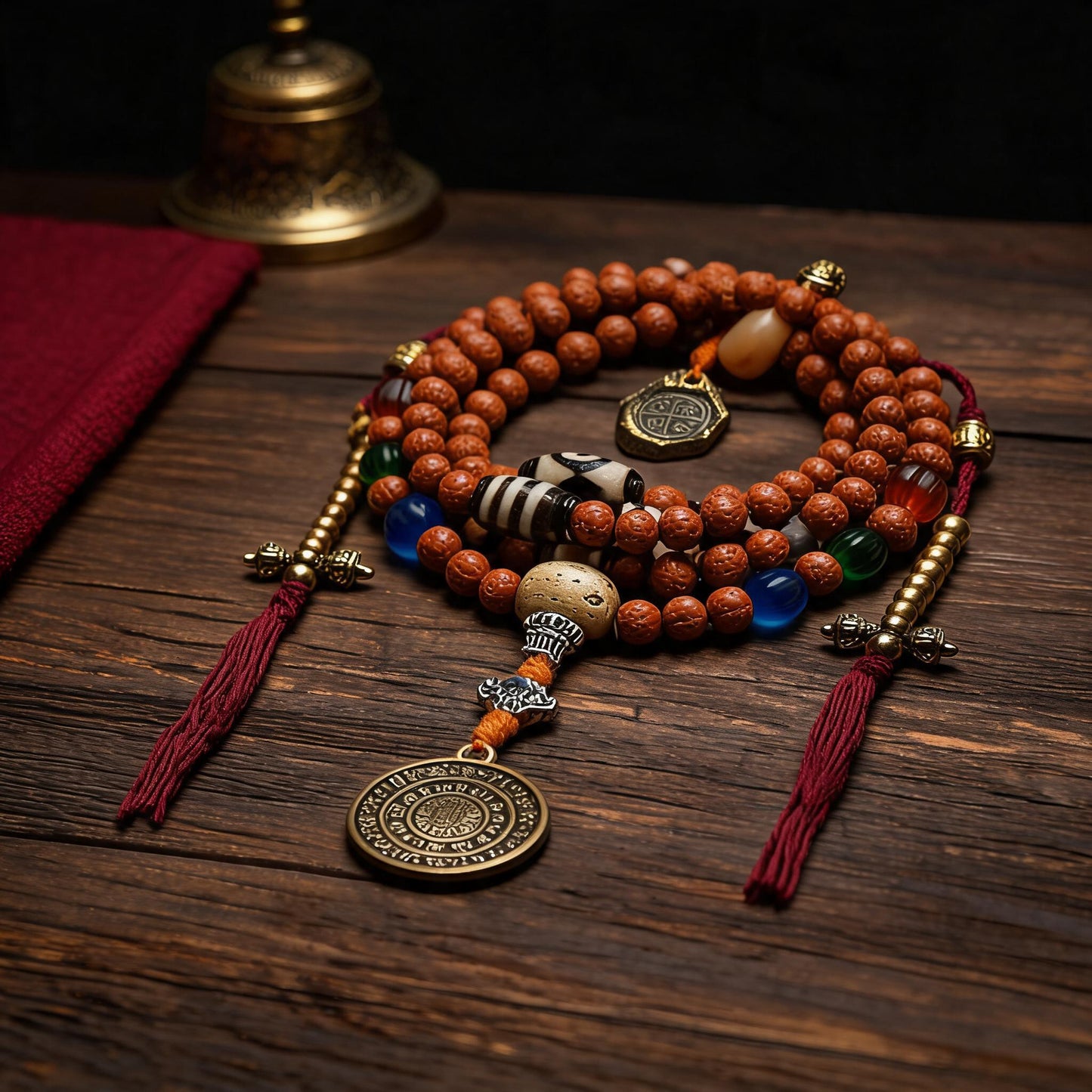 Handcrafted Rudraksha 108-Bead Mala Collection - Nine-Palace Pendant · With Counters - low side view
