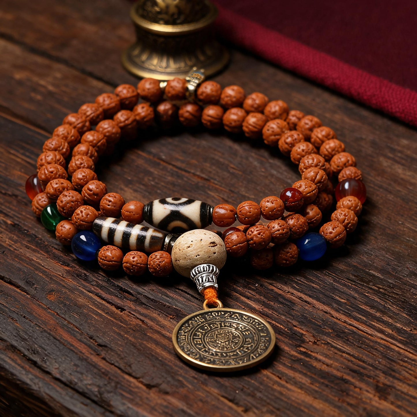 Handcrafted Rudraksha 108-Bead Mala Collection - Nine-Palace Pendant · Without Counters - low side view
