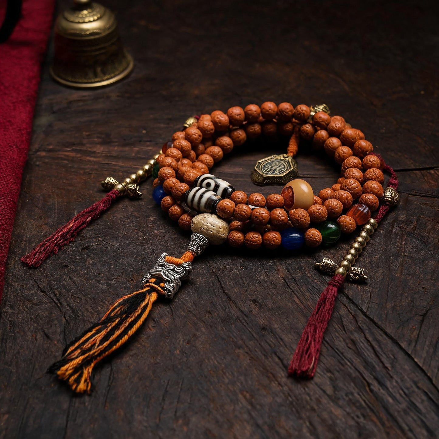 Handcrafted Rudraksha 108-Bead Mala Collection - Scripture Clasp · With Counters - low side view