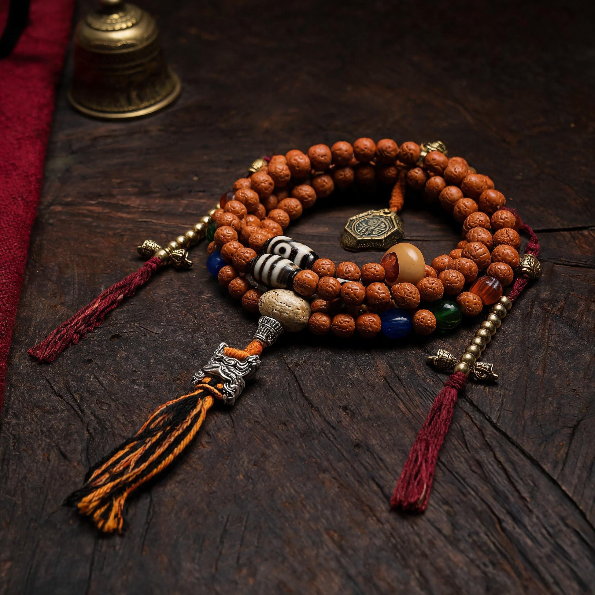 Handcrafted Rudraksha 108-Bead Mala Collection - Scripture Clasp · With Counters - low side view