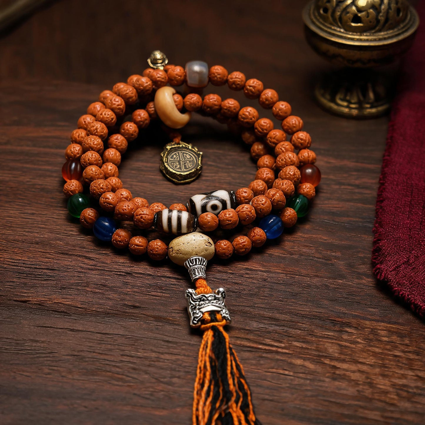 Handcrafted Rudraksha 108-Bead Mala Collection - Scripture Clasp · Without Counters - low side view