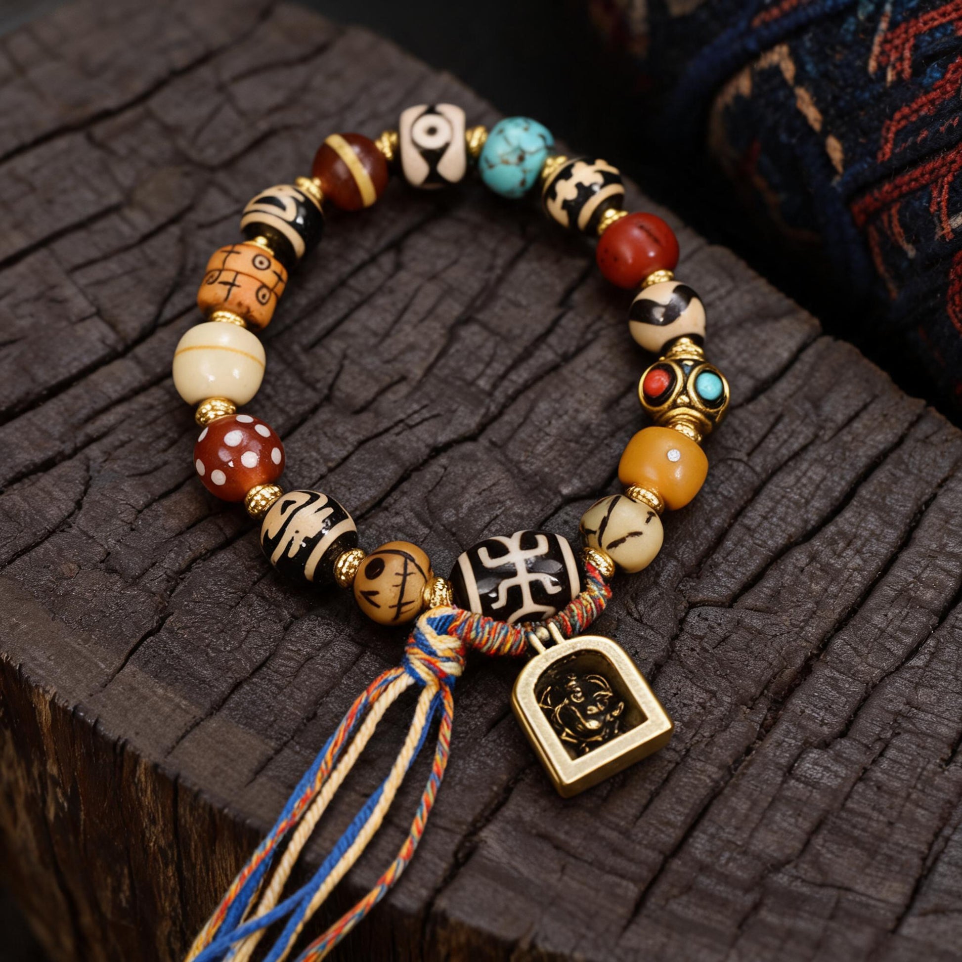 Tibetan bracelet bead mix texture and tassel detail