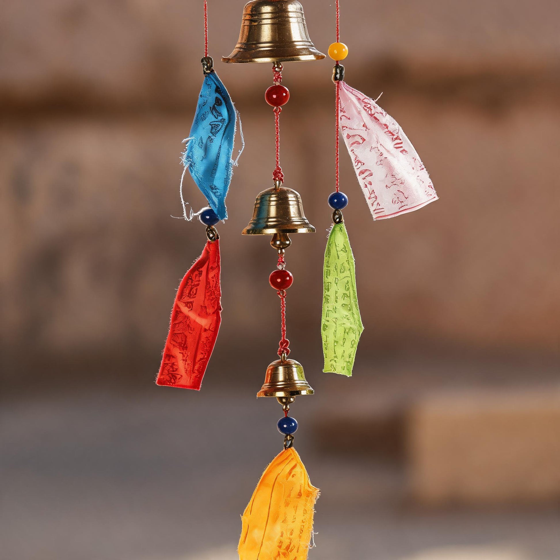 Tibetan wind chime colorful prayer flag fabric detail