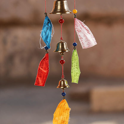 Tibetan wind chime colorful prayer flag fabric detail