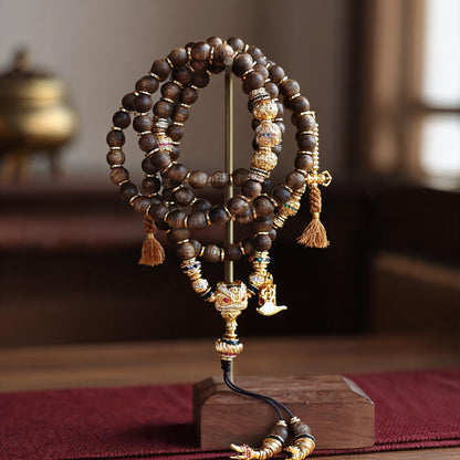 Handcrafted Agarwood & Clear Quartz Multi-Wrap Mala - Agarwood Vajra Style - material and construction detail