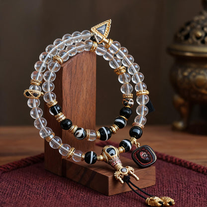 Handcrafted Agarwood & Clear Quartz Multi-Wrap Mala - Clear Quartz Vajra Style - material and construction detail