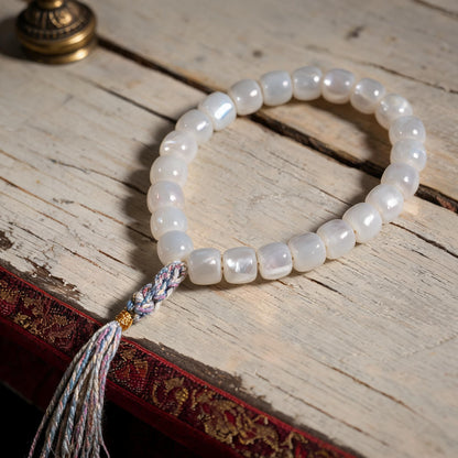 Handcrafted Mother-of-Pearl 108 & 27-Bead Mala Collection - Travel Hand Mala · 8×7 mm · 27 Beads · Multicolor-Gold Tassel - material and construction detail