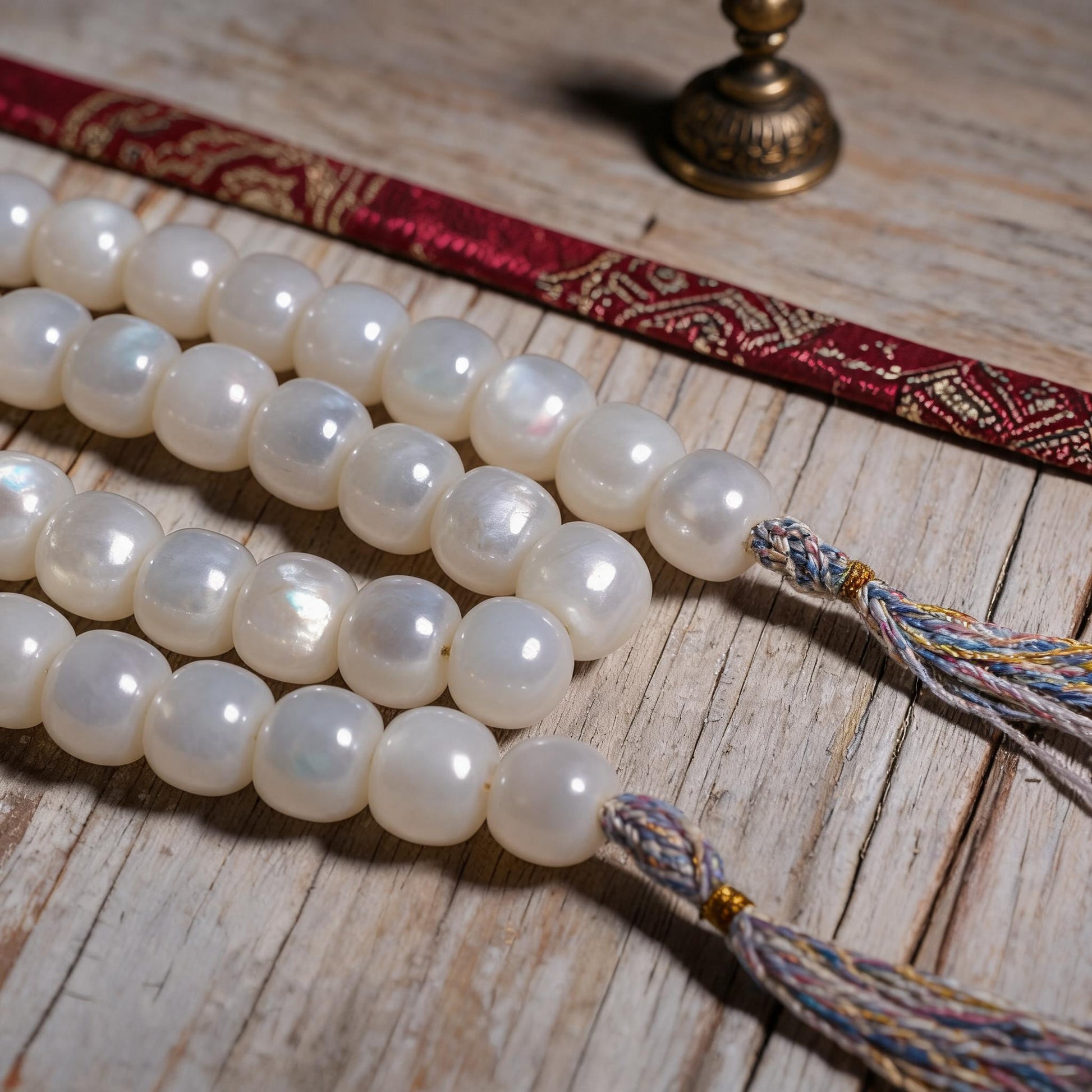 Handcrafted Mother-of-Pearl 108 & 27-Bead Mala Collection - Tibetan Spirit · 7×6 mm · 108 Beads · Multicolor-Gold Tassel - material and construction detail