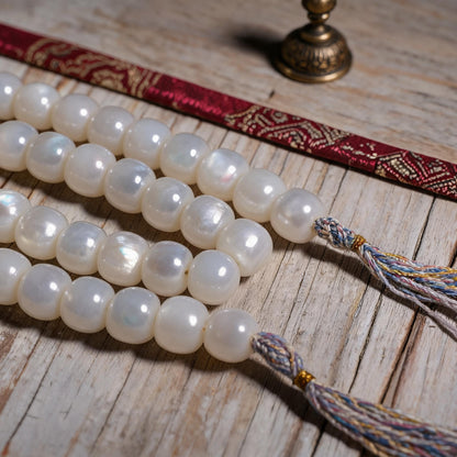 Handcrafted Mother-of-Pearl 108 & 27-Bead Mala Collection - Tibetan Spirit · 7×6 mm · 108 Beads · Multicolor-Gold Tassel - material and construction detail