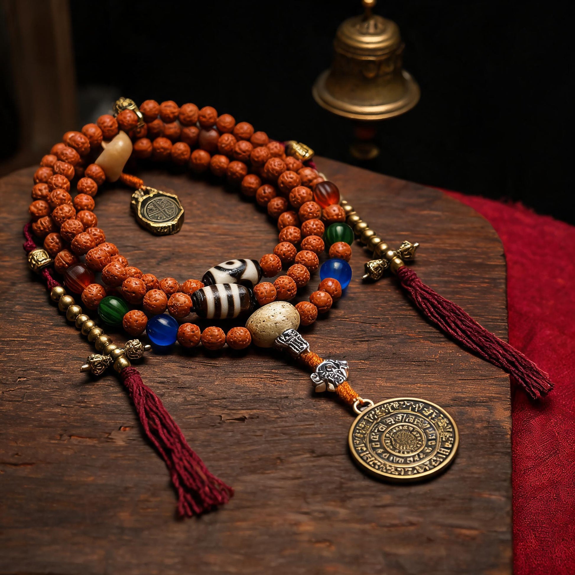 Handcrafted Rudraksha 108-Bead Mala Collection - Nine-Palace Pendant · With Counters - material and construction detail