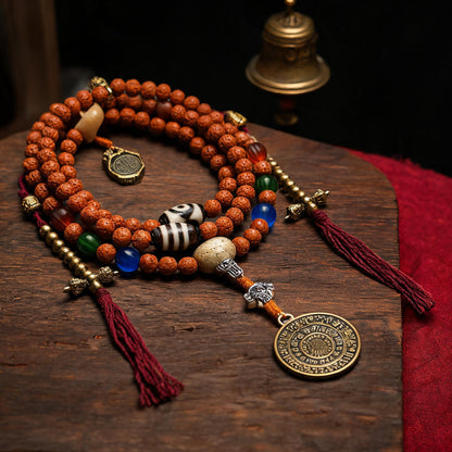 Handcrafted Rudraksha 108-Bead Mala Collection - Nine-Palace Pendant · With Counters - material and construction detail