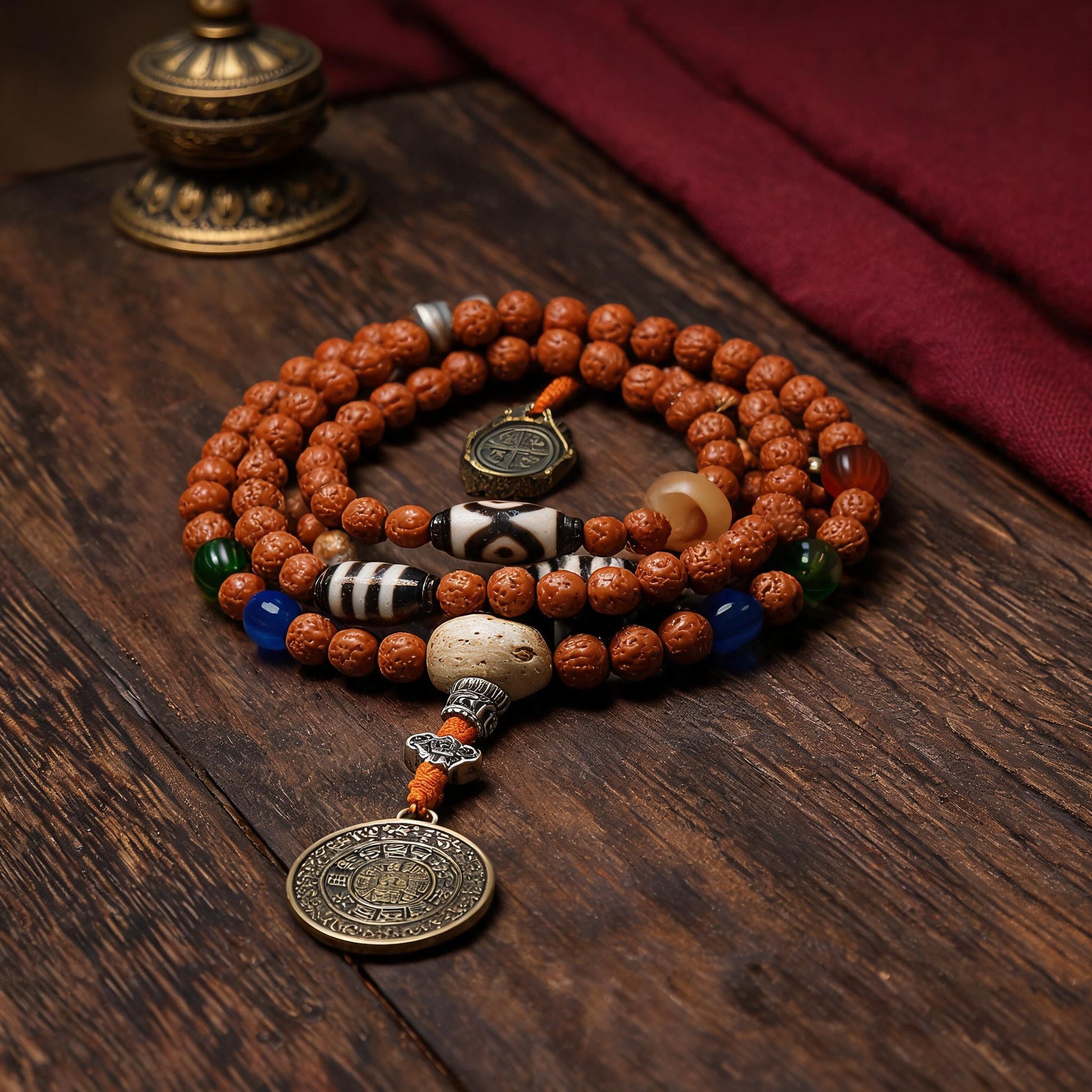 Handcrafted Rudraksha 108-Bead Mala Collection - Nine-Palace Pendant · Without Counters - material and construction detail